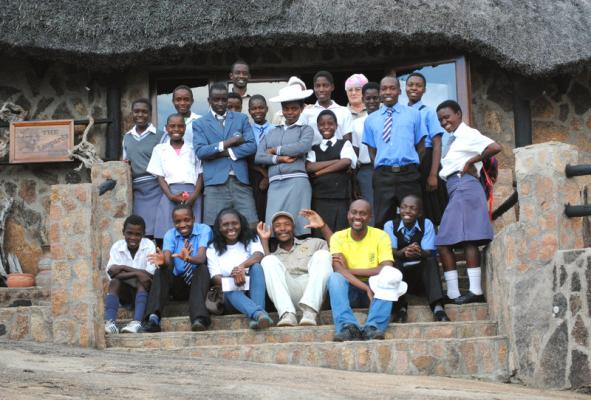 Whitewaters secondary school children outside the Leopards Lair diningroom